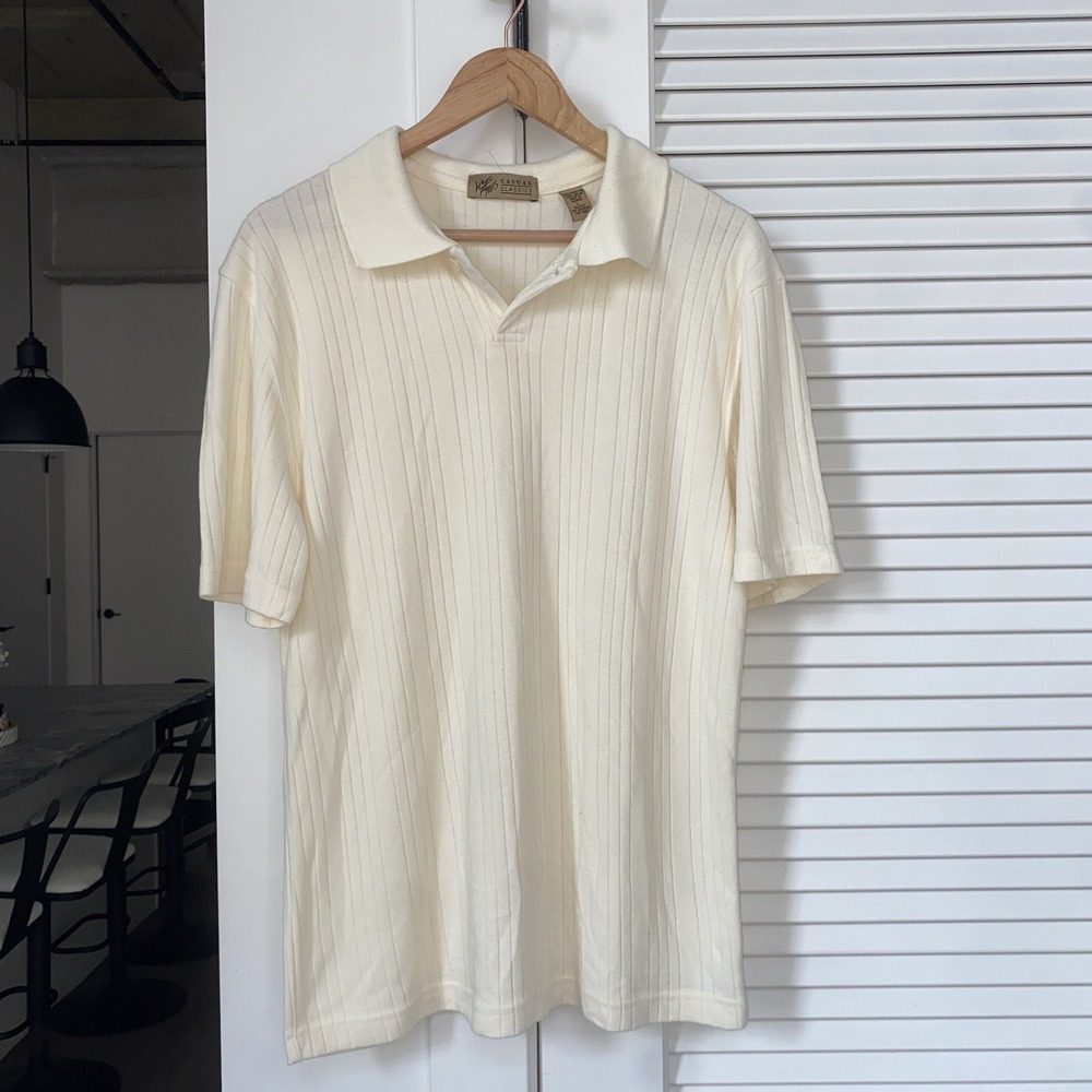 Lord & Taylor Men's Cream Collared Short Sleeve Vertical Ribbed Casual Large